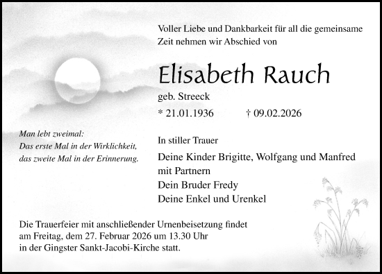 Traueranzeige von Elisabeth Rauch von Ostsee-Zeitung GmbH