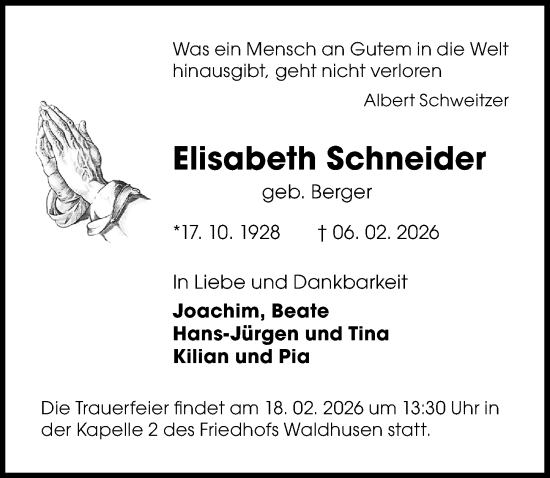 Traueranzeige von Elisabeth Schneider von Lübecker Nachrichten