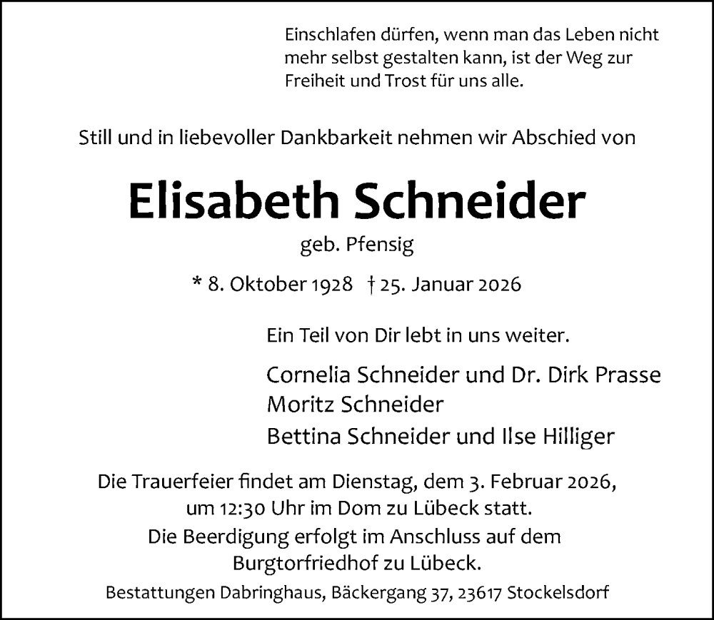 Traueranzeige für Elisabeth Schneider vom 01.02.2026 aus Lübecker Nachrichten