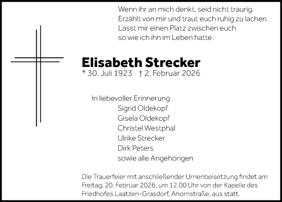 Traueranzeige von Elisabeth Strecker von Hannoversche Allgemeine Zeitung/Neue Presse