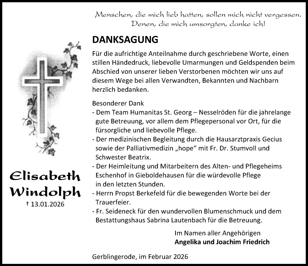  Traueranzeige für Elisabeth Windolph vom 14.02.2026 aus Eichsfelder Tageblatt