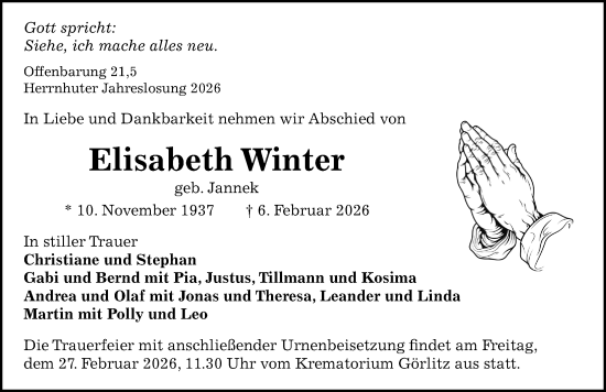 Traueranzeige von Elisabeth Winter von Sächsische Zeitung