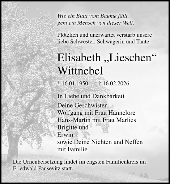 Traueranzeige von Elisabeth Wittnebel von Ostsee-Zeitung GmbH