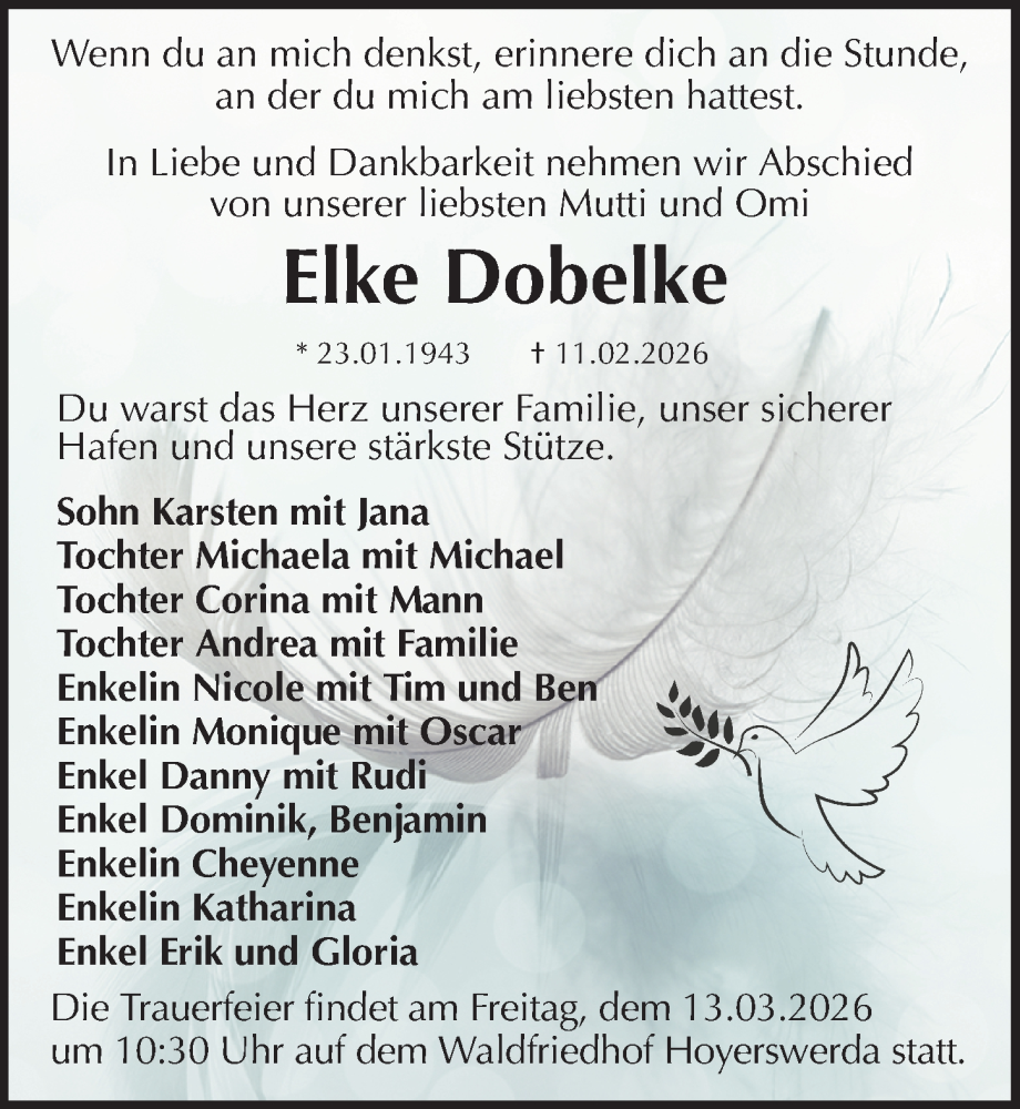  Traueranzeige für Elke Dobelke vom 21.02.2026 aus Sächsische Zeitung
