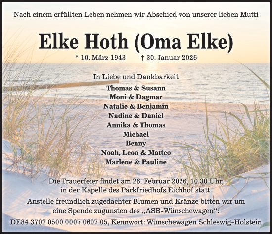 Traueranzeige von Elke Hoth von Kieler Nachrichten
