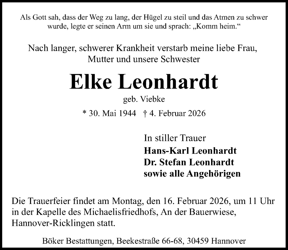  Traueranzeige für Elke Leonhardt vom 14.02.2026 aus Hannoversche Allgemeine Zeitung/Neue Presse