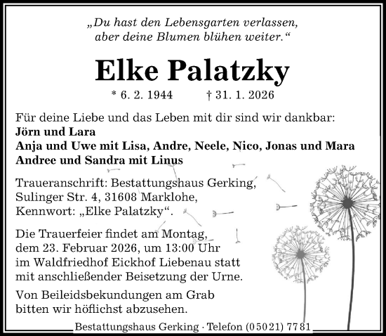 Traueranzeige von Elke Palatzky von Die Harke