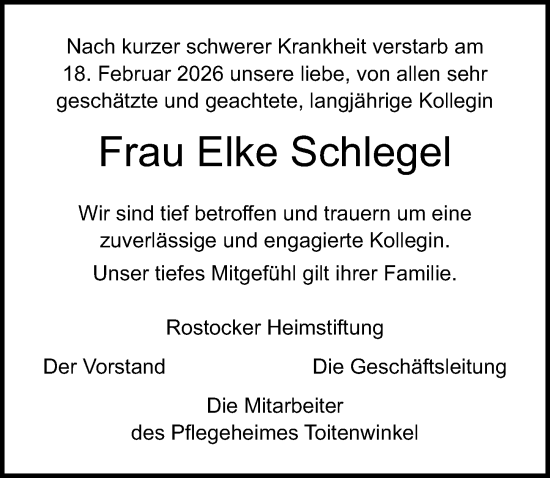 Traueranzeige von Elke Schlegel von Ostsee-Zeitung GmbH