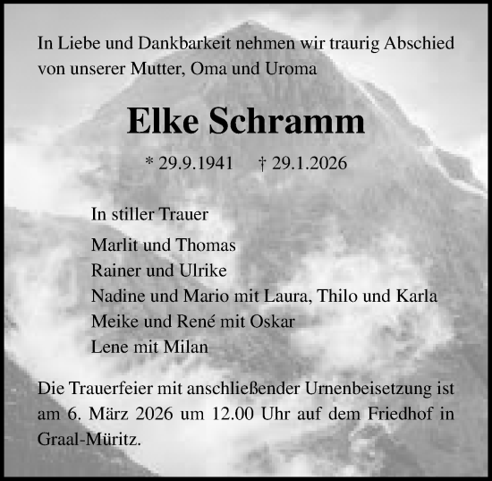 Traueranzeige von Elke Schramm von Ostsee-Zeitung GmbH