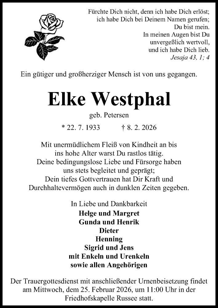  Traueranzeige für Elke Westphal vom 14.02.2026 aus Kieler Nachrichten