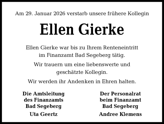 Traueranzeige von Ellen Gierke von Kieler Nachrichten