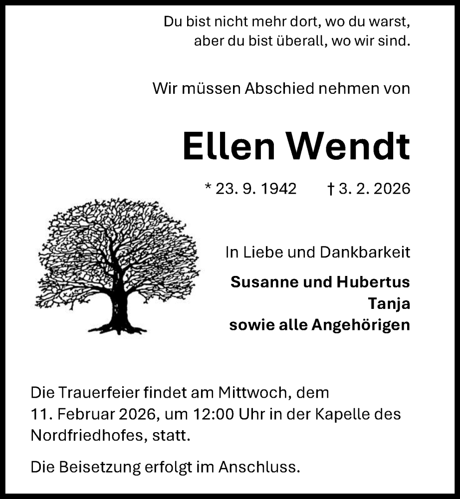  Traueranzeige für Ellen Wendt vom 07.02.2026 aus Kieler Nachrichten
