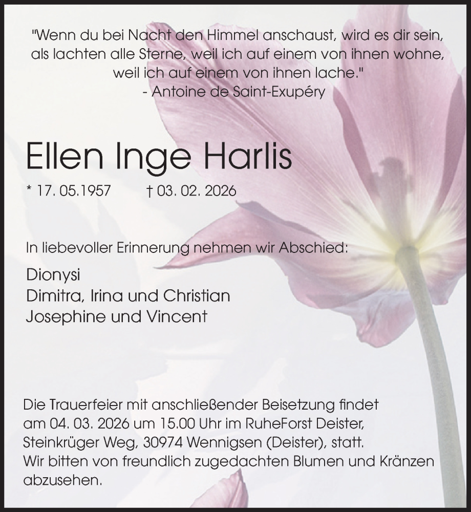  Traueranzeige für Ellen Inge Harlis vom 21.02.2026 aus Hannoversche Allgemeine Zeitung/Neue Presse
