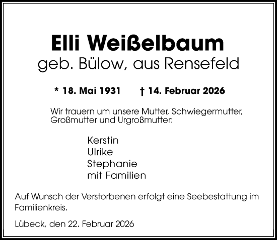 Traueranzeige von Elli Weißelbaum von Lübecker Nachrichten