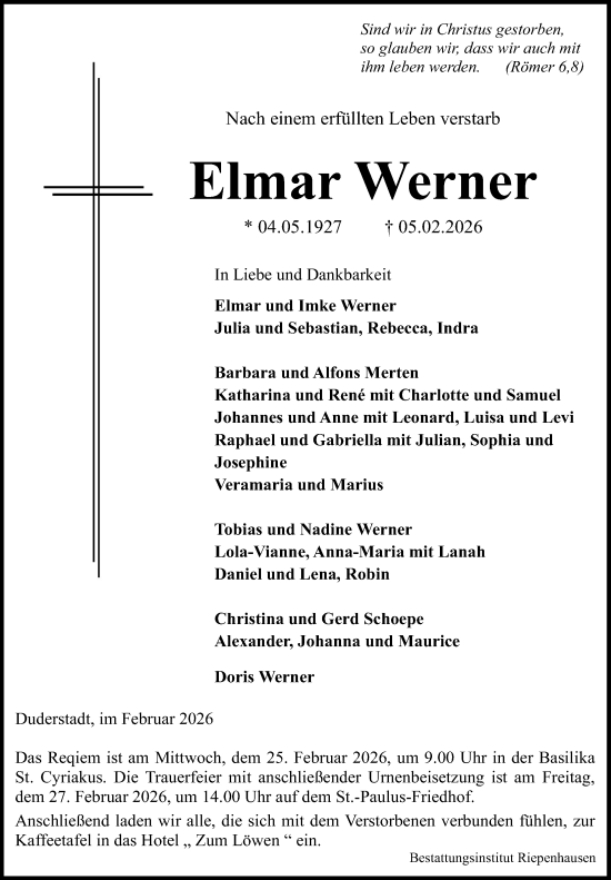 Traueranzeige von Elmar Werner von Eichsfelder Tageblatt