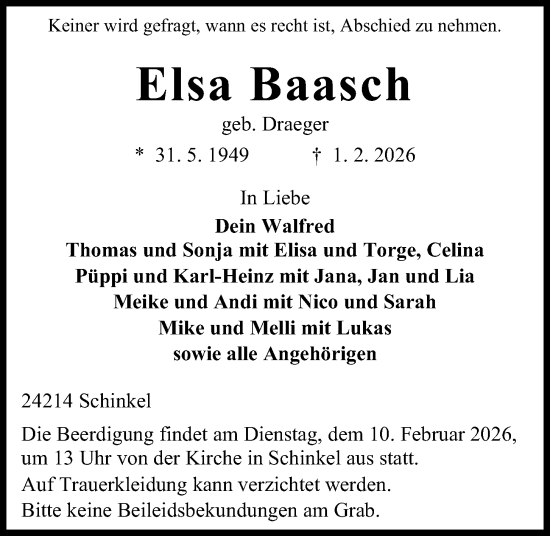 Traueranzeige von Elsa Baasch von Kieler Nachrichten