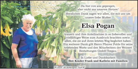 Traueranzeige von Elsa Pogan von Torgauer Zeitung