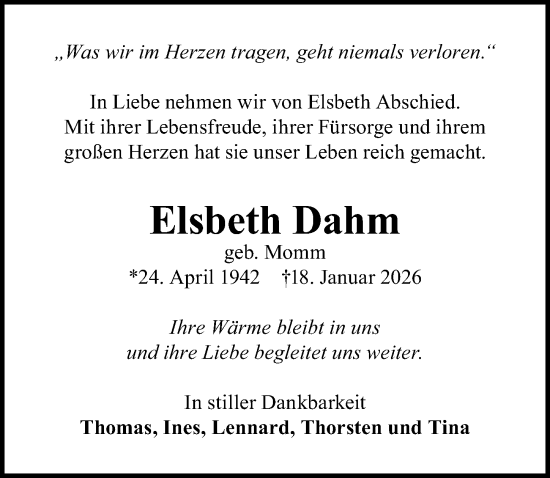 Traueranzeige von Elsbeth Dahm von Lübecker Nachrichten