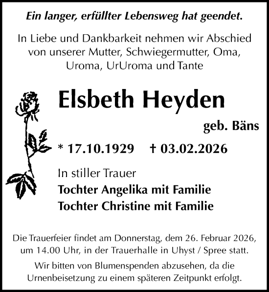 Traueranzeige von Elsbeth Heyden von Sächsische Zeitung