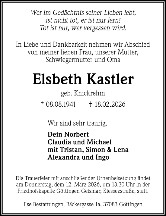 Traueranzeige von Elsbeth Kastler von Göttinger Tageblatt