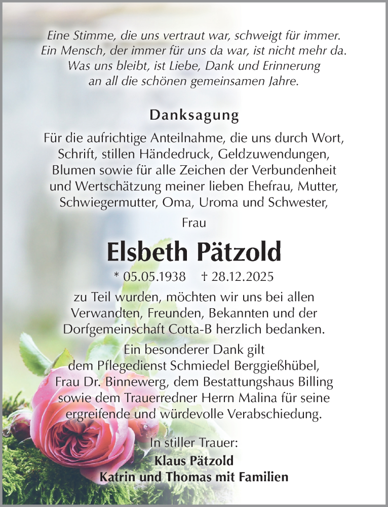  Traueranzeige für Elsbeth Pätzold vom 21.02.2026 aus Sächsische Zeitung