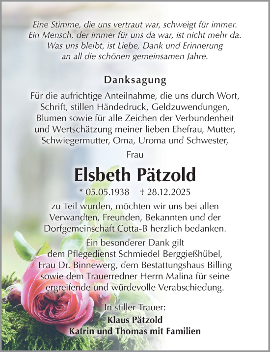 Traueranzeige von Elsbeth Pätzold von Sächsische Zeitung