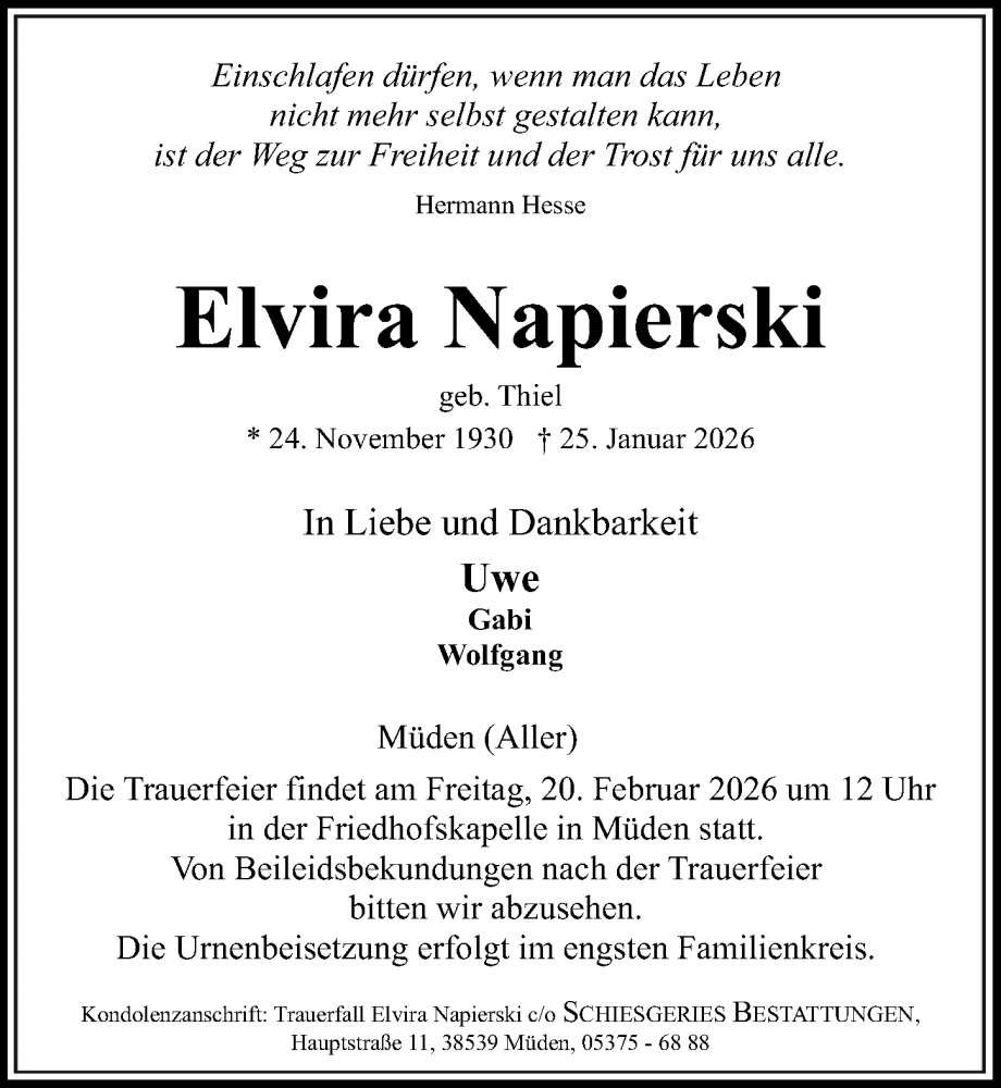 Traueranzeige für Elvira Napierski vom 14.02.2026 aus Aller Zeitung
