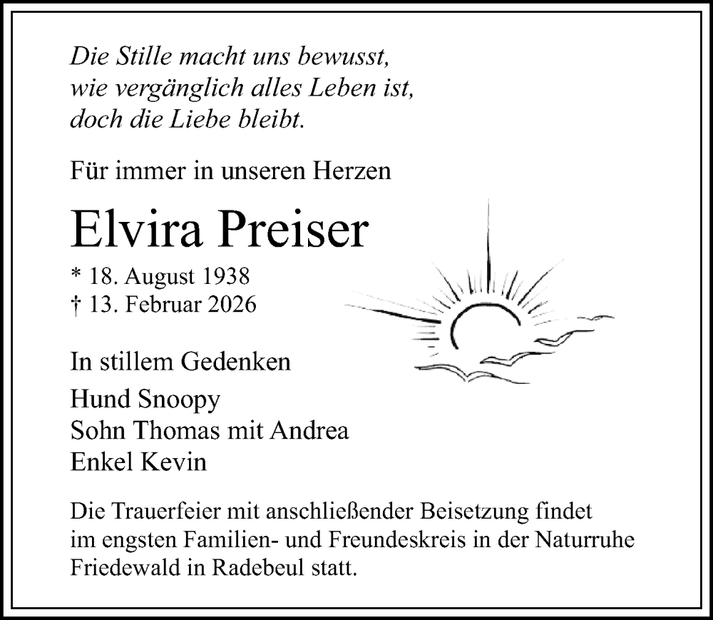  Traueranzeige für Elvira Preiser vom 21.02.2026 aus Sächsische Zeitung