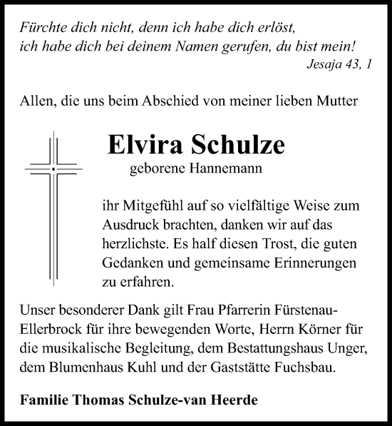 Traueranzeige von Elvira Schulze von Märkischen Allgemeine Zeitung