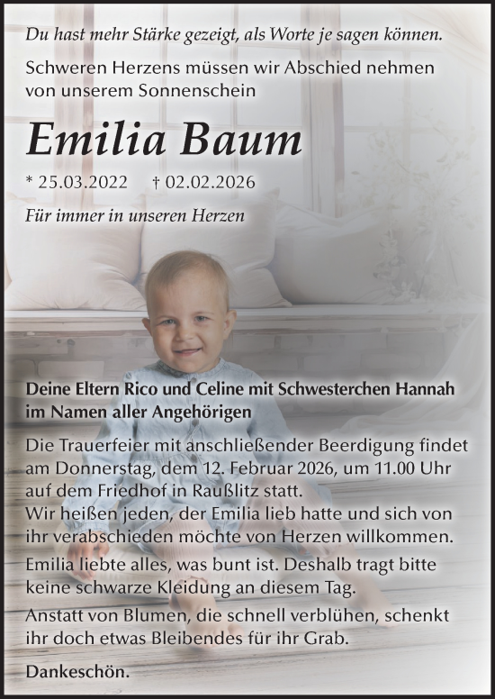 Traueranzeige von Emilia Baum von Sächsische Zeitung