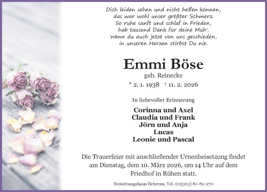 Traueranzeige von Emmi Böse von Aller Zeitung