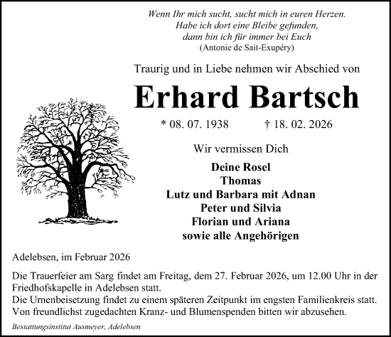 Traueranzeige von Erhard Bartsch von Göttinger Tageblatt