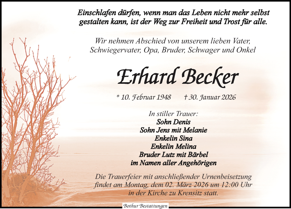  Traueranzeige für Erhard Becker vom 07.02.2026 aus Leipziger Volkszeitung