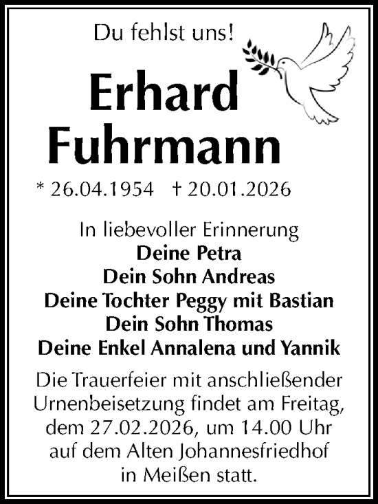 Traueranzeige von Erhard Fuhrmann von Sächsische Zeitung