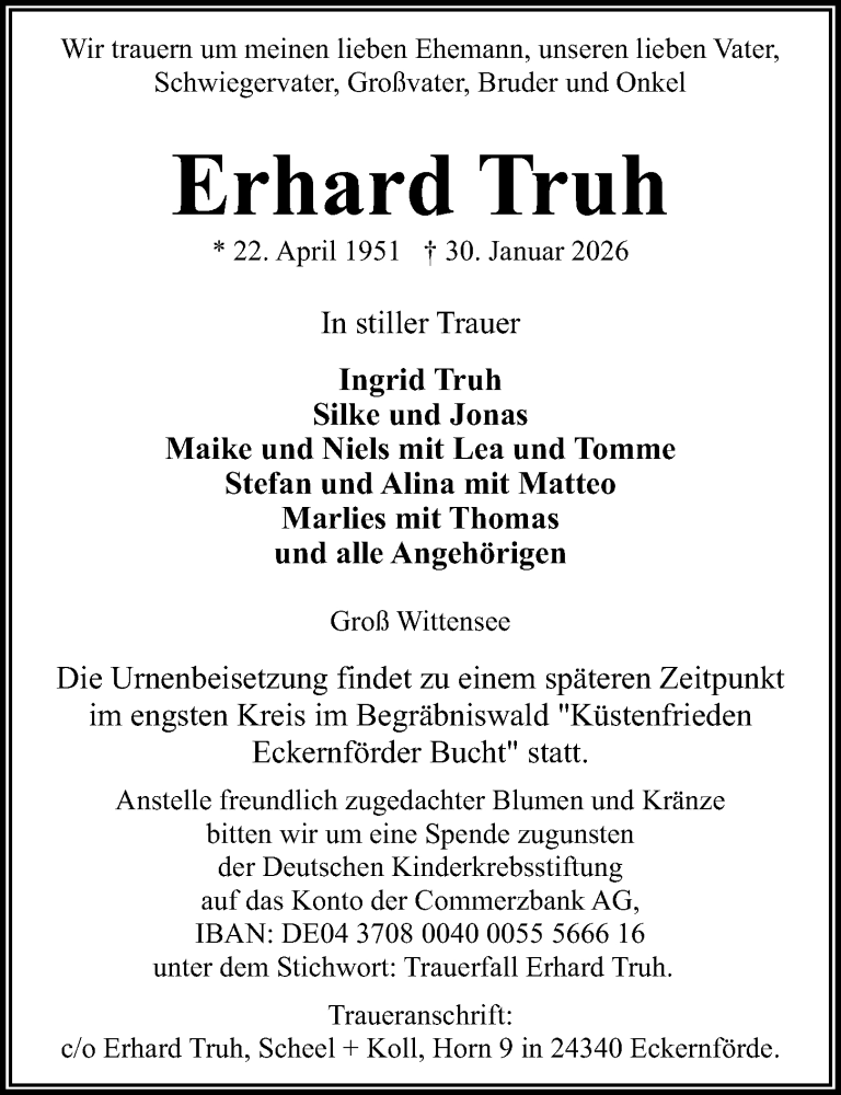  Traueranzeige für Erhard Truh vom 14.02.2026 aus Kieler Nachrichten