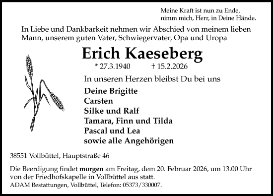Traueranzeige von Erich Kaeseberg von Aller Zeitung