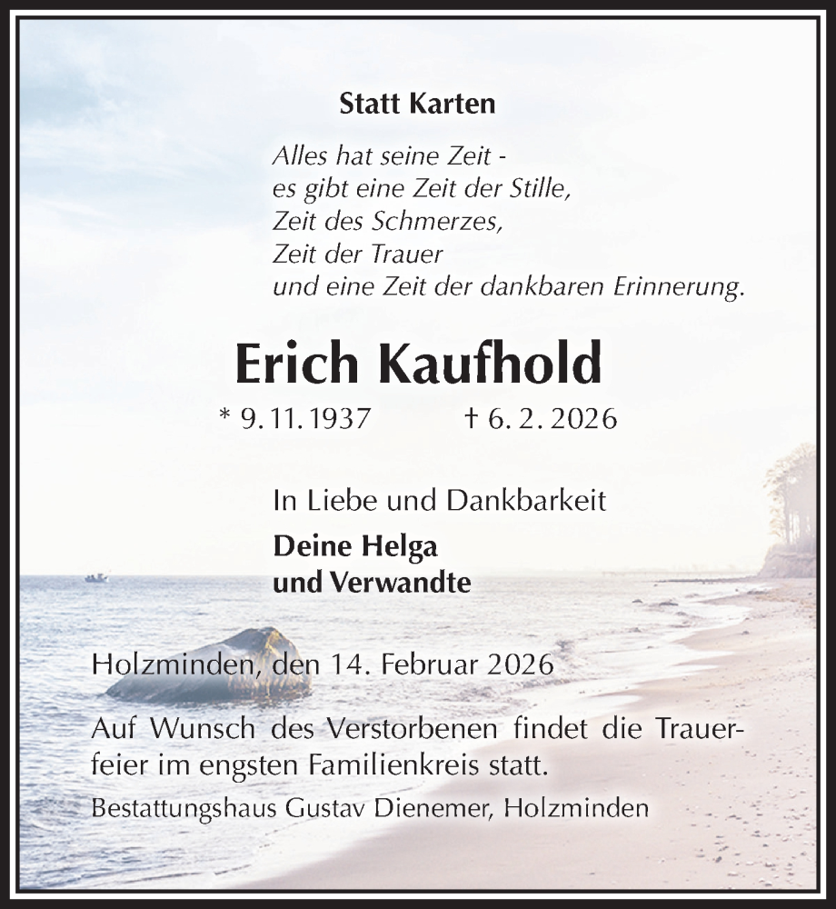  Traueranzeige für Erich Kaufhold vom 14.02.2026 aus Täglicher Anzeiger Holzminden