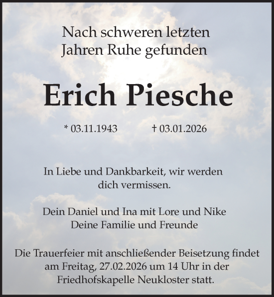 Traueranzeige von Erich Piesche von Ostsee-Zeitung GmbH