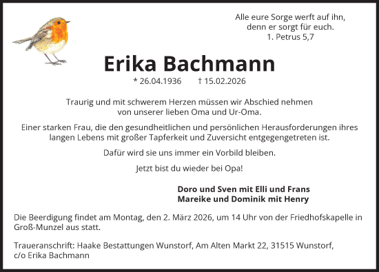Traueranzeige von Erika Bachmann von Hannoversche Allgemeine Zeitung/Neue Presse