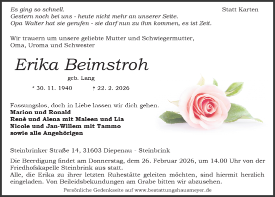 Traueranzeige von Erika Beimstroh von Die Harke