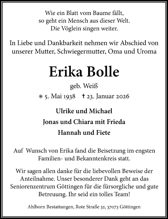 Traueranzeige von Erika Bolle von Göttinger Tageblatt