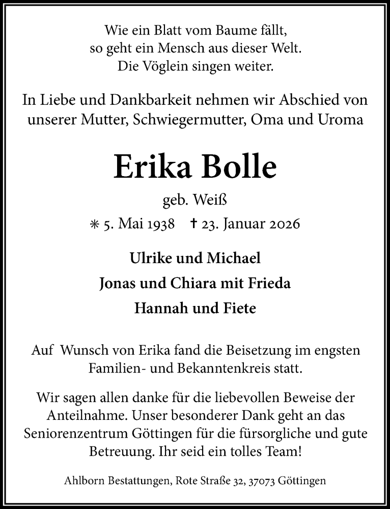  Traueranzeige für Erika Bolle vom 07.02.2026 aus Göttinger Tageblatt