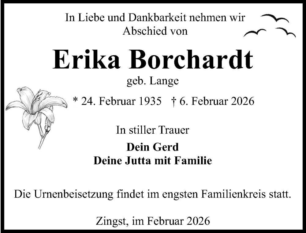  Traueranzeige für Erika Borchardt vom 21.02.2026 aus Ostsee-Zeitung GmbH