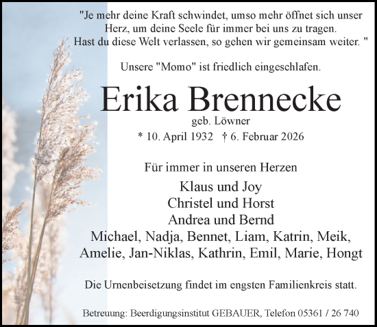Traueranzeige von Erika Brennecke von Aller Zeitung