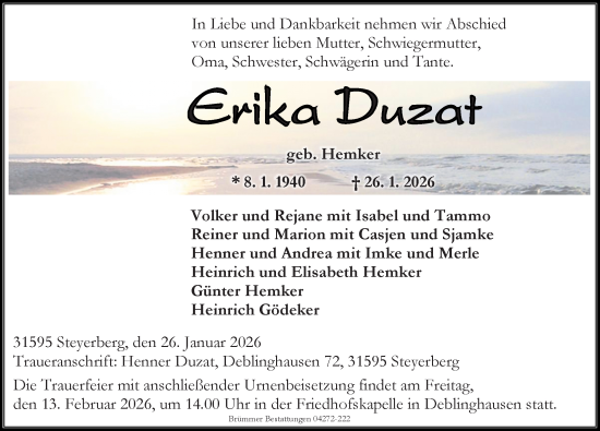 Traueranzeige von Erika Duzat von Die Harke