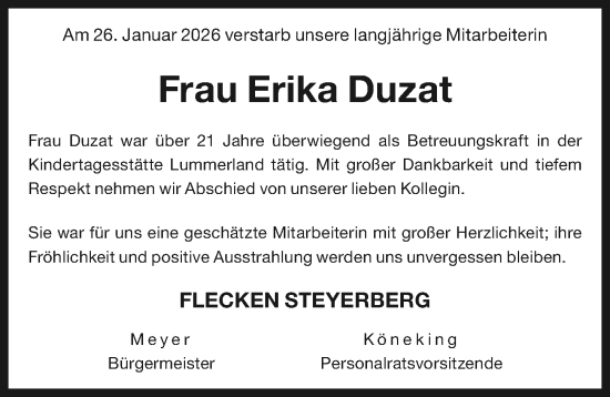 Traueranzeige von Erika Duzat von Die Harke