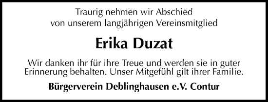 Traueranzeige von Erika Duzat von Die Harke