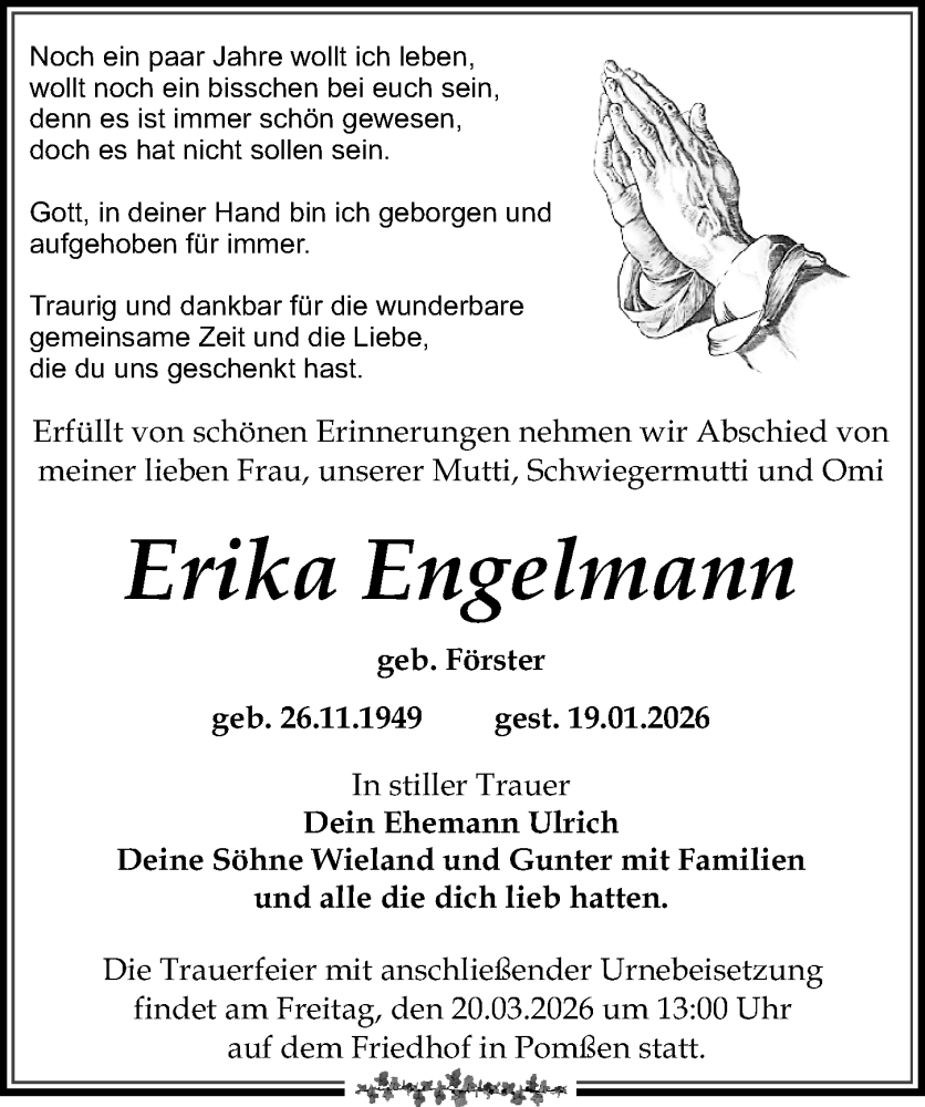  Traueranzeige für Erika Engelmann vom 07.02.2026 aus Leipziger Volkszeitung