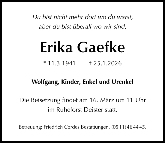 Traueranzeige von Erika Gaefke von Hannoversche Allgemeine Zeitung/Neue Presse