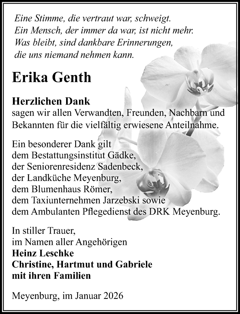  Traueranzeige für Erika Genth vom 14.02.2026 aus Wochenspiegel